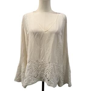 Johnny Was Jade White Embroidered Eyelet Silk Cotton Boho Long Sleeve Top Medium